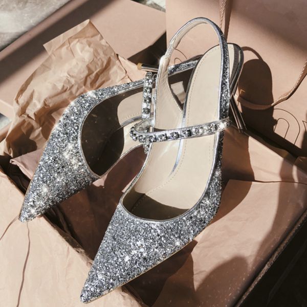 

silver sequins high heel pumps crystal bling summer pumps slingback pointed toe fashion stilettos slip on shoes, Black