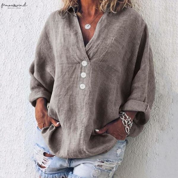 

2020 vintage women blouses cotton linen fashion plus size solid casual long sleeve shirt long sleeve v neck button blouse blusas, White