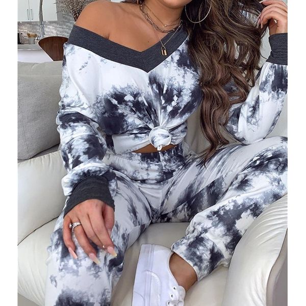 

fashion tie dye print sport casual two piece set tracksuit women long sleeve v neck t shirt+high waist jogger sweatpants pants, Black;blue
