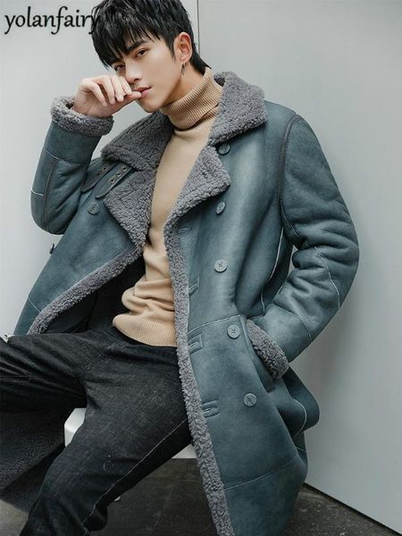 

2020 winter genuine leather jacket men long real fur coat mens shearling jacket sheepskin coat for men veste cuir homme 18148, Black