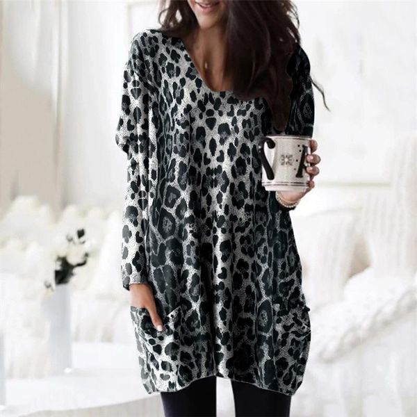 

sleeve women spring autumn casual fashion tshirts leopard print loose womens t-shirts scoop neck long, White