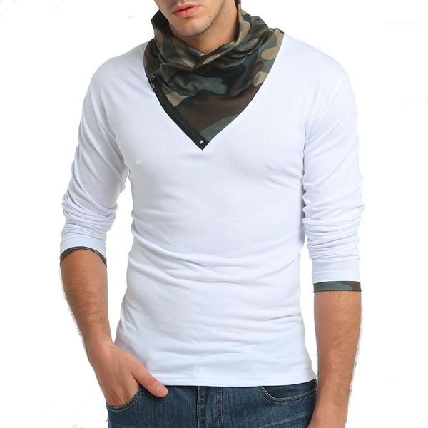 

patchwork pure color mens designer tshirts zipper autumn winter camouflage mens tshirts long sleeve pleated neck, White;black