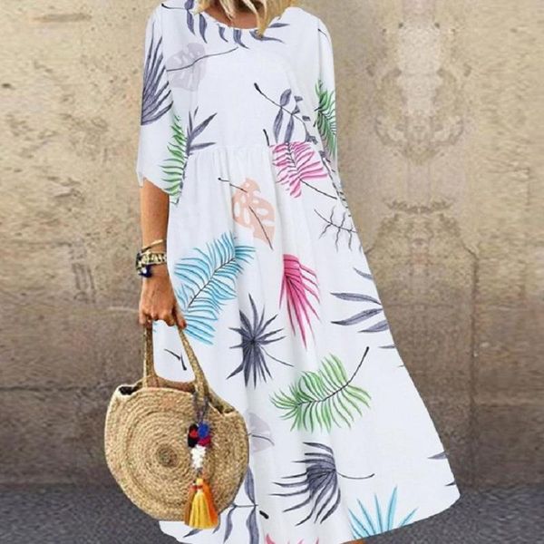 

women's loose daily cotton linen dress ladies summer casual loose colorful short sleeve long dress casual beach boho 721, White