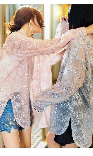 

cakucool fashion women 2020 heavy beading long sleeve pink blouse turn-down collar sun-proof sequined large shirt blusa new, White