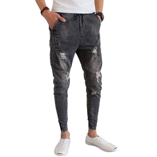

fashion mens trend stretchy harem jeans drawstring comfy drop crotch harem cuffed trousers denim joggers for male, Blue