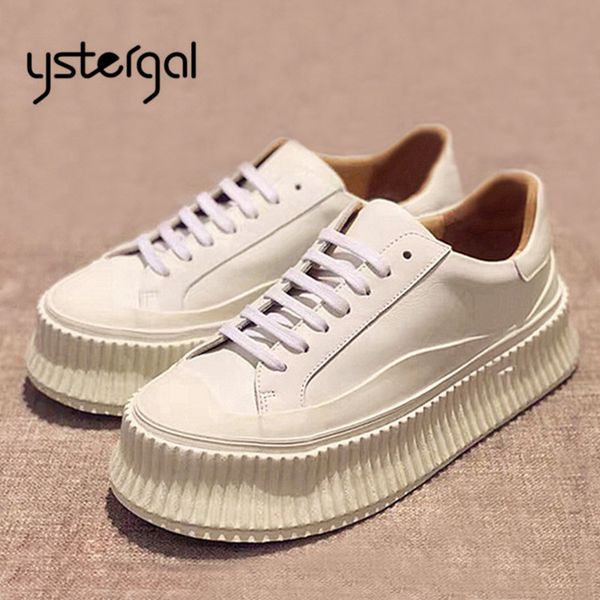 

ystergal genuine leather women sneakers platform shoes woman thick bottom flat shoes ladies flats creepers white espadrilles, Black