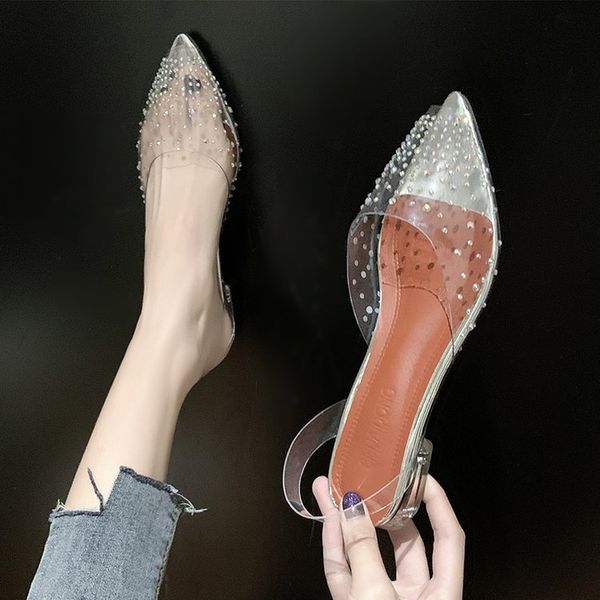 

2020 women transparent flat heels open toe ankle strap wedding party brand fashion shoes for lady pvc sandalias mujer, Black