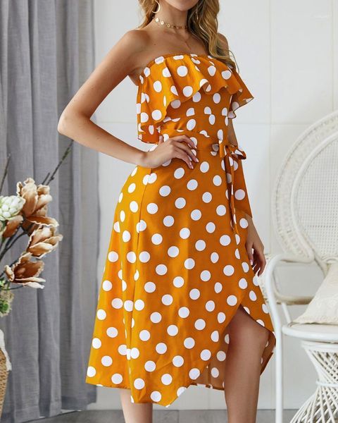 

2020 designer dress summer polka dot ruffled skirt strapless irregular casual dresses fashion slim bandge dress womens, Black;gray