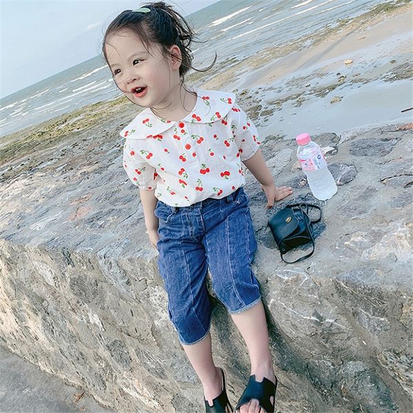 

girl's shirt cherry doll collar t-shirt clothingdoll children's clothing20 summer new children's clothing 3-8 years old, White;black