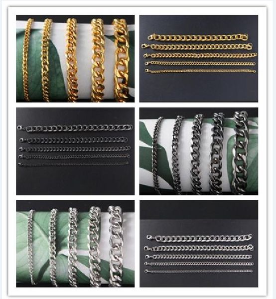 

men stainless steel bracelet gold silvery black side chain bracelet 3mm 5mm 7mm 9mm 11mm*21cm fashion gold bracelet 10pcs/lot