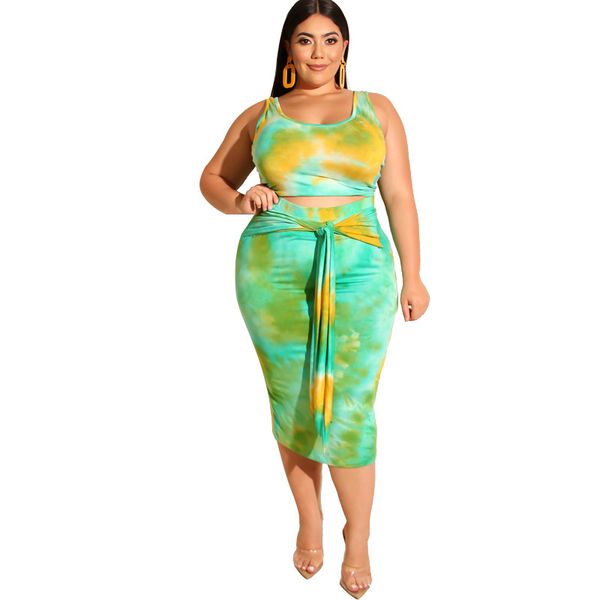 

womens plus size 2 piece midi dress outfits summer sleeveless tie dye print tank crop bodycon skirts set 5xl, Black