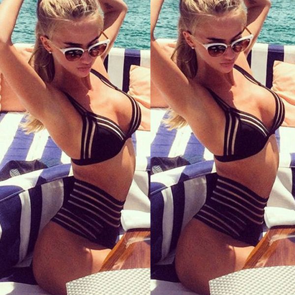 

2020 bikinis women swimwear high waist swimsuit halter neck striped high waist bikini set bathing suits swimwear xl, White;black