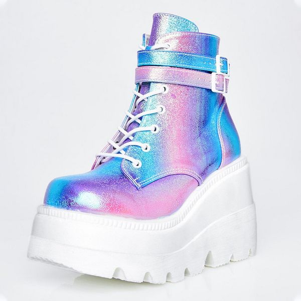 

dropship fashion high platform women boots wedges lace up ankle boots thick bottom mixed color 2020 autumn female shoes, Black