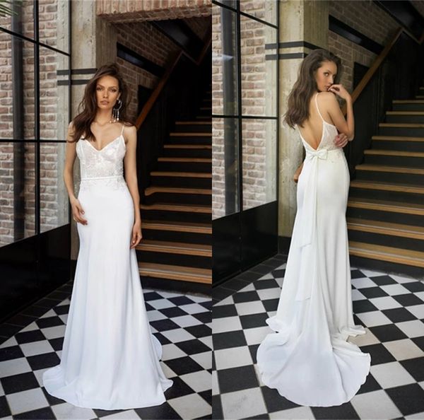 Rish Simply Satin Abiti da sposa a sirena 2020 Scollo a V Appliques in pizzo Abiti da sposa Backless Sweep Train Abito da sposa abiti da sposa