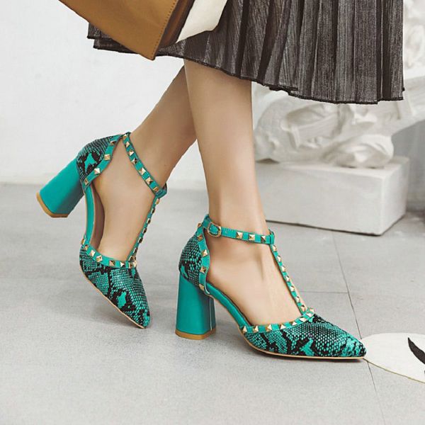 

sianie tianie 2020 summer block high heels pumps women's shoes pointed toe t-strap studded rivets woman sandals plus size 48 12, Black