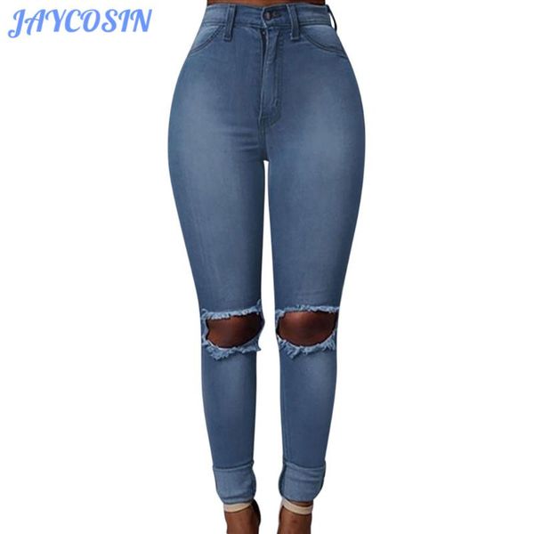 

jaycosin clothes women jeans skinny stretch slim denim trousers fashion high waist pocket hole pencil pants jeans, Blue