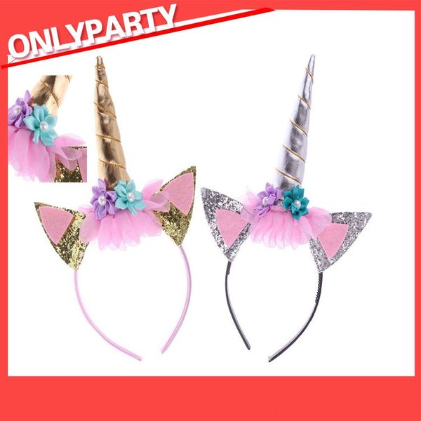

children's party band children's buckle unicorn golden flower buckle unicorn head hoop party head hoop, Slivery;white