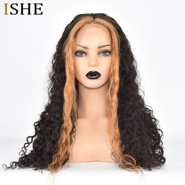 

ombre blonde 27 color 250 density glueless brazilian lace front human hair wigs deep part remy pre plucked deep curly wig, Black
