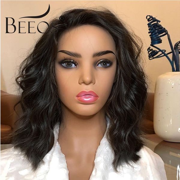 

beeos short water wave wigs side part for women lace frontal wig remy brazilian lace front human hair wigs natural 150%, Black