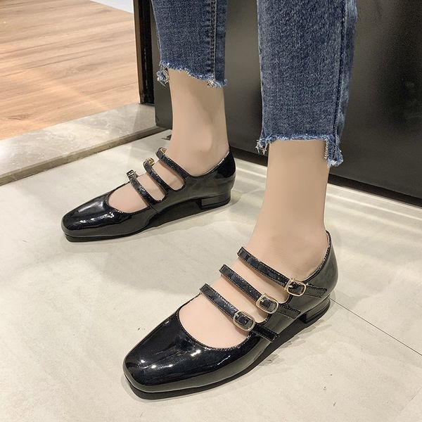 

women fashion square toe double buckle pumps waterproof office shoes dropshipping patent leather ladies low heel shoes, Black
