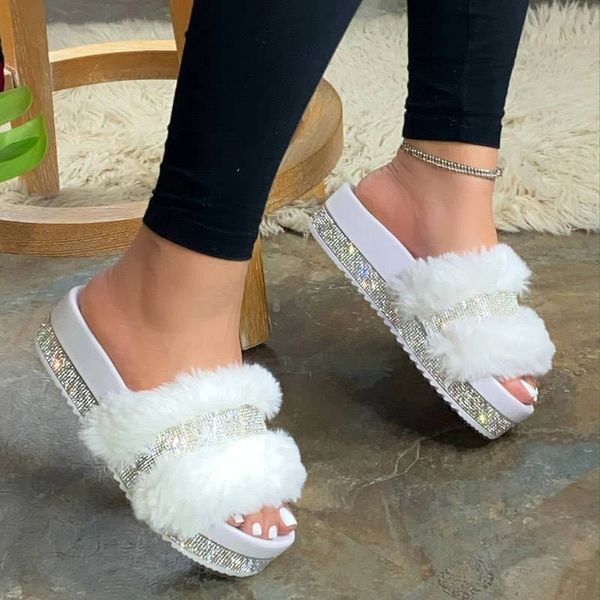 

2020 women fur slippers summer home flat fur slides for women big size 43 fluffy female shoes glitter indoor women' casual shoes, Black