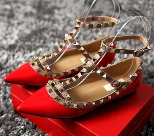 

2018brand women pumps pointed toe flat fashion women shoes rivets genuine leather ankle strap sandals shoes 33-43 cs08, Black