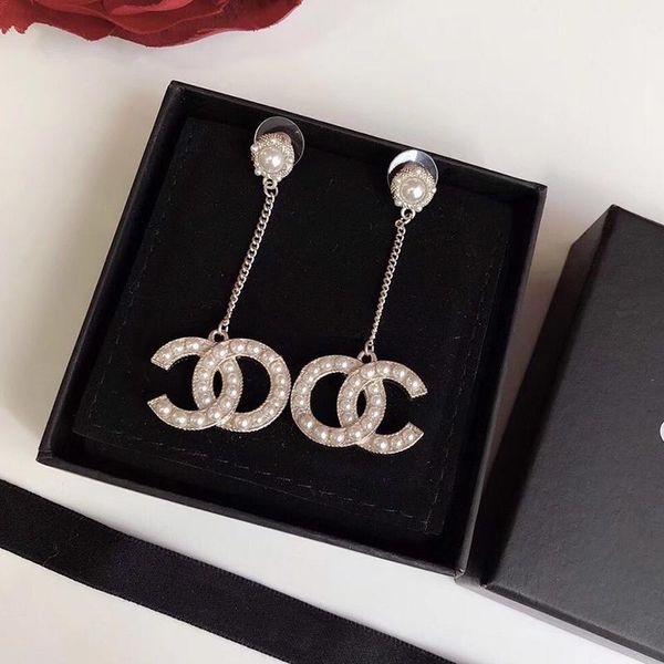 

c1936 fashion vertical double pearl tassel ear stud glamour style bohemian jewelry versatile female 925 silver needle earrings, Golden;silver