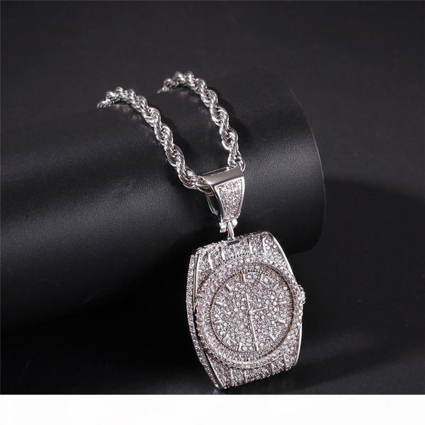 

dial pendant necklace bling cubic zirconia ice out hip hop jewelry 14k gold plated mens gold chain pendants, Silver
