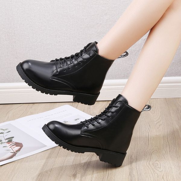 

2020 womem black ankle boots flats round toe lace-up boots woman platform pu leather female ladies shoes new fashion autumn