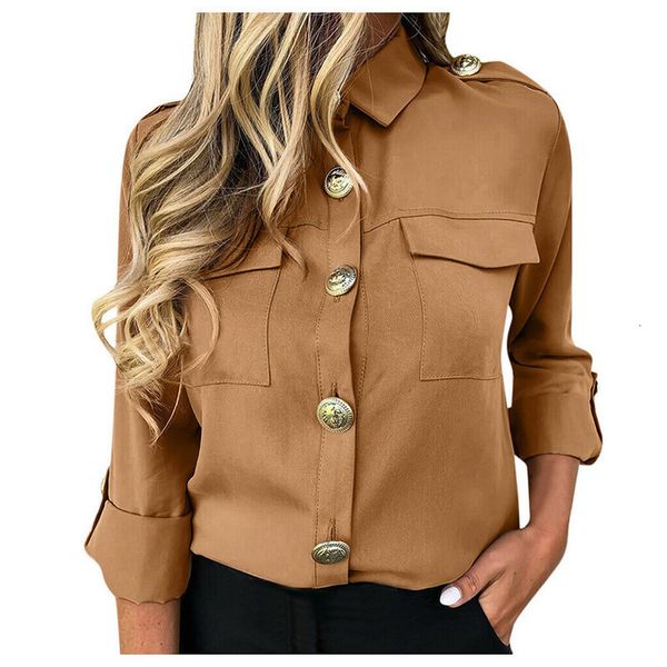 

women blouses pockets leisure buttons shirt ladies plain ol office work womens blusas femininas autumn female clothing, White