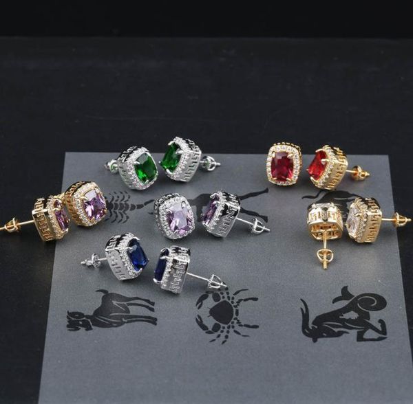 

hip hop colorful gemstone ear studs luxury designer mens bling iced out diamond earrings red green blue gem ruby emerald sapphire jewelry, Golden