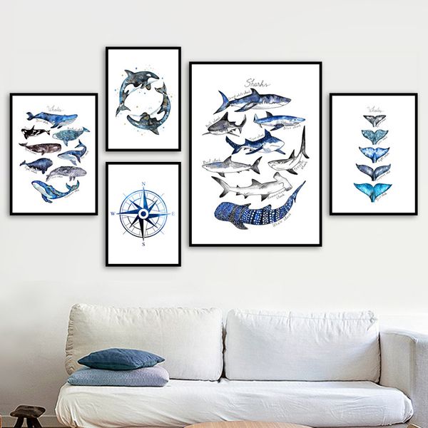 

cartoon blue whale fish tail fin compass wall art canvas painting nordic posters and prints wall pictures for kids room decor