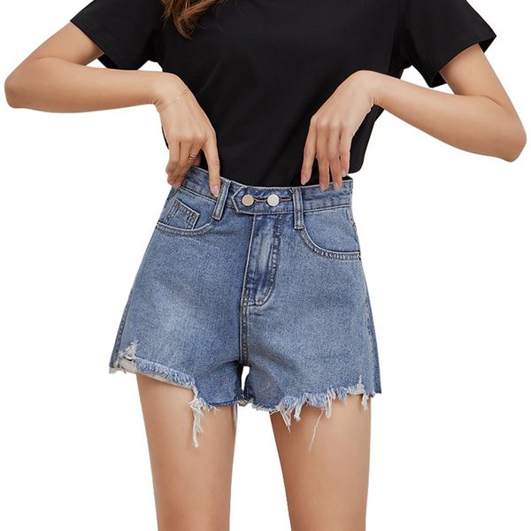 

women's jeans ripped for women cotton summer 2021 high-waisted double-buckle denim straight tube short korean fashion slim bursted, Blue