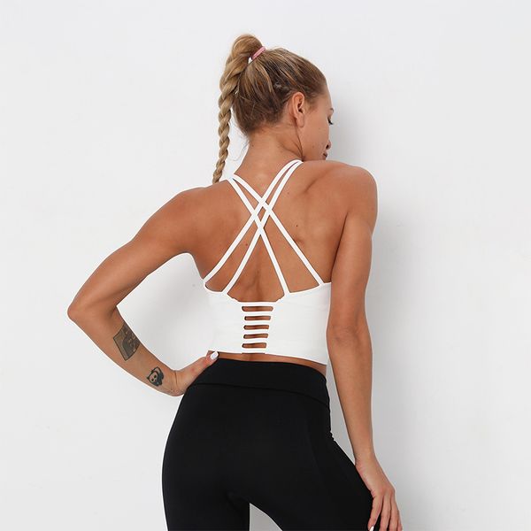 

new shoulder strap cross backless beautiful back sports bra shockproof gathering sports yoga crop fitness, White;black