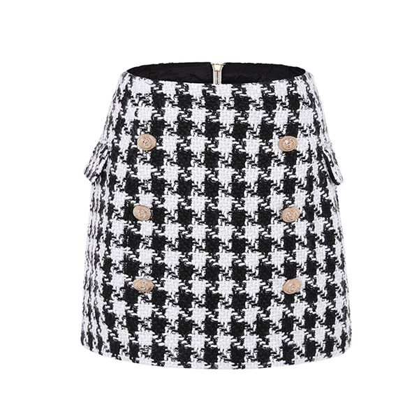 

new fashion runway 2020 designer skirt women's metal lion buttons embellished houndstooth tweed mini skirt, Black