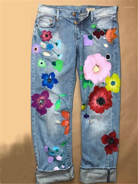 

jeans plus size colorful straight slim ladies jeans casual denim streetwear fashion female clothes flowers women, Blue