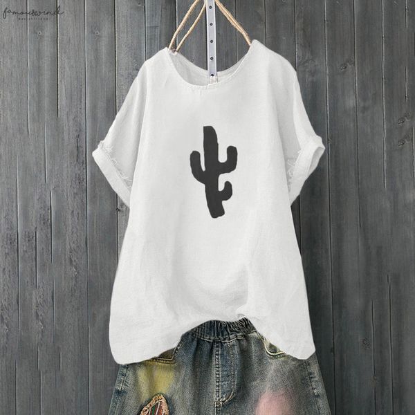 

blouse women summer 2020 casual harajuku solid cactus print loose short sleeve blouse ladies tunic funny plus size, White
