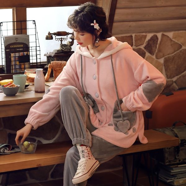 

women's flannel women's cardigan thickened warm warm pajamas home clothes pajamas coral fleece home clothes can be worn out in win, Blue;red