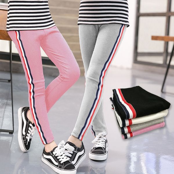 

tgrm0 girls' leggings autumn 2019 new korean style girls' lycra tight pants trousers tight pants cotton trousers side stripes spor, Blue