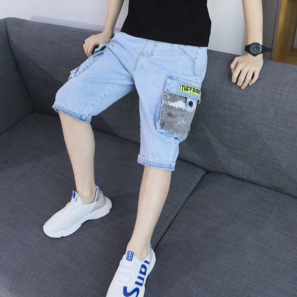 

work crawler jeans children's pants thin 2020 korean style workwear jeans shorts boys' outer wear summer big children's pants, Blue