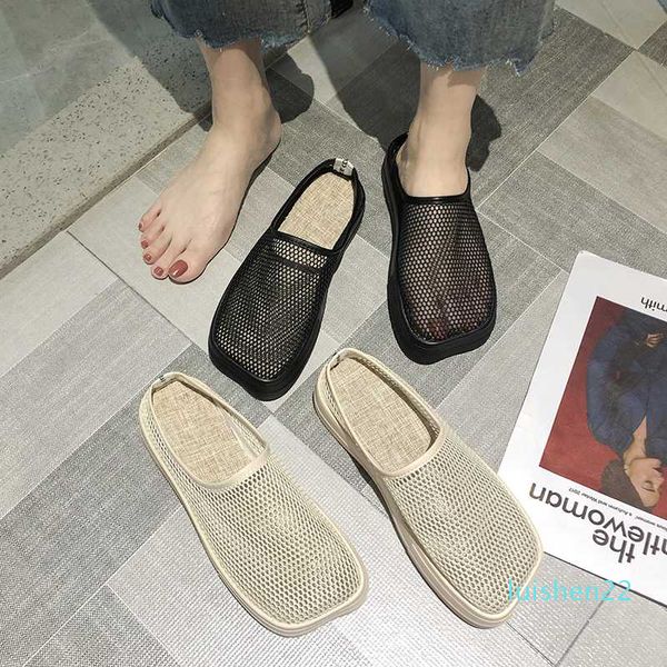 

shoes slippers women summer low pantofle cover toe slides platform fashion loafers soft flat 2020 luxury casual cotton fabric l22, Black