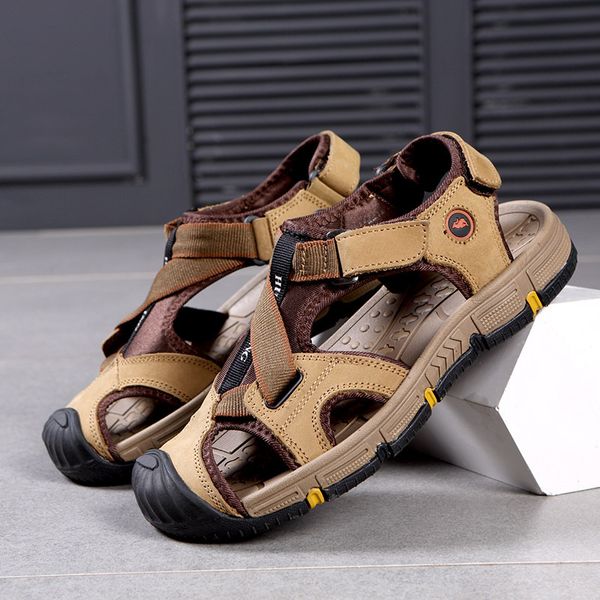 

men genuine leather shoes 2020 men summer shoes beach sandals fashion hook&loop outdoor casual sandal, Black