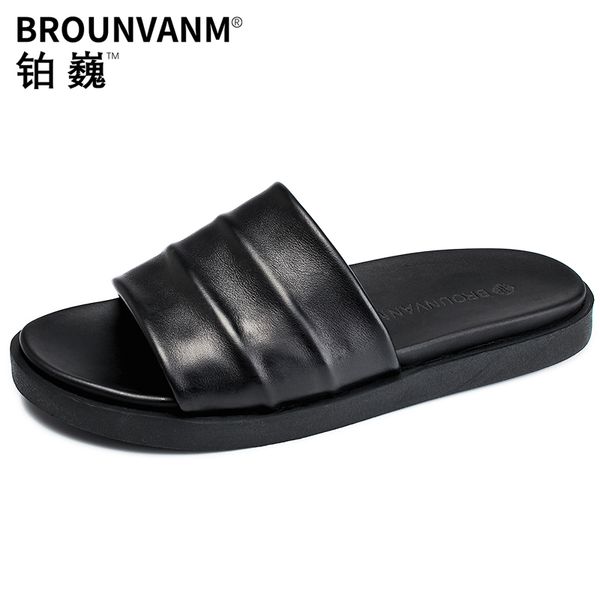 

slipper mens fashion summer outdoor genuine leather fender summer men genuine leather slippers flip flops men cowhide beach, Black