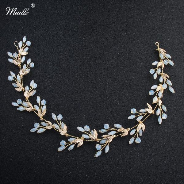 

miallo light blue opal gold color leaves headbands for women wedding hair accessories head jewelry flexible bride's tiara, Golden;silver