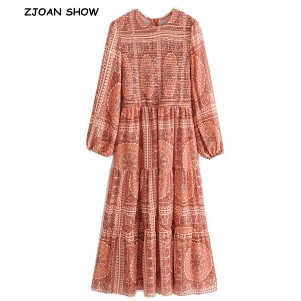 

bohemian ruched elastic floral paisley print dress 2020 new ethnic woman o neck lantern long sleeve mid-calf long dresses, Black;gray