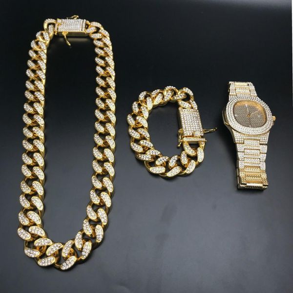 

2cm hip hop gold color iced out crystal miami cuban chain gold silver men watch & necklace & bracelet set hip hop king new