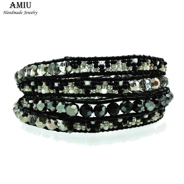 

amiu handmade friendship bracelet crystal glass seed beads chakra bracelet leather wrap charm for women men jewelry for women, Red;blue