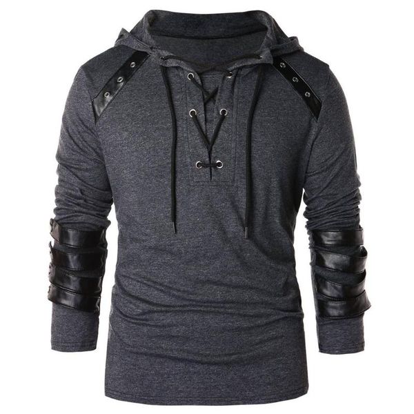 

men pu leather patchwork bandage gothic hip hop punk hooded t shirt hoodie men vintage lace up street punk rock tee shirts, White;black