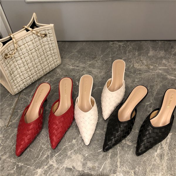 

med shoes cover toe thin heels mules for women 2020 woman's slippers slides fashion lady pointed new luxury girl rubber fabric, Black