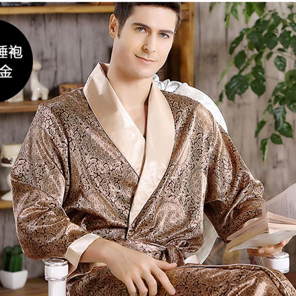 

men's home nightgown thin imitation long-sleeved pajamas men's plus bathrobe silk pajamas silk size bathrobe, Black;brown